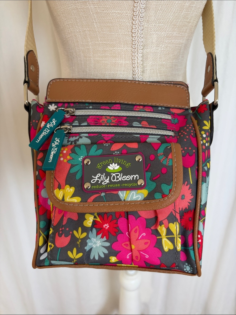 Lily Bloom Multicolor Floral Crossbody with Brown Trim